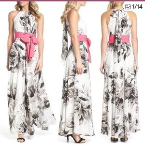 Eliza J Chiffon Maxi Dress Gown Floral White Size 10